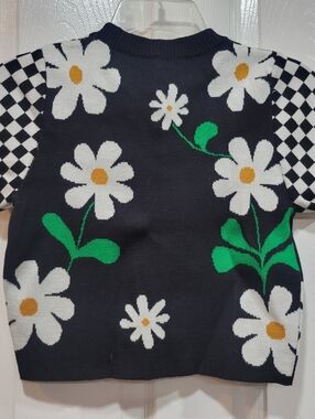Debut Black Daisy Knit Sweater Vest with Checkerboard Sleeves Size XS